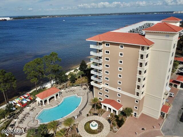 drone / aerial view with a water view