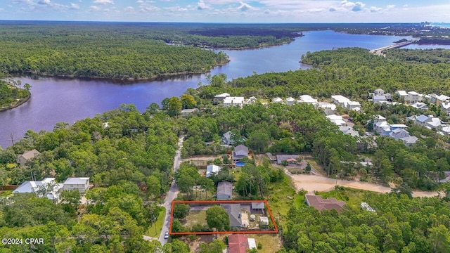 birds eye view of property with a forest view and a water view