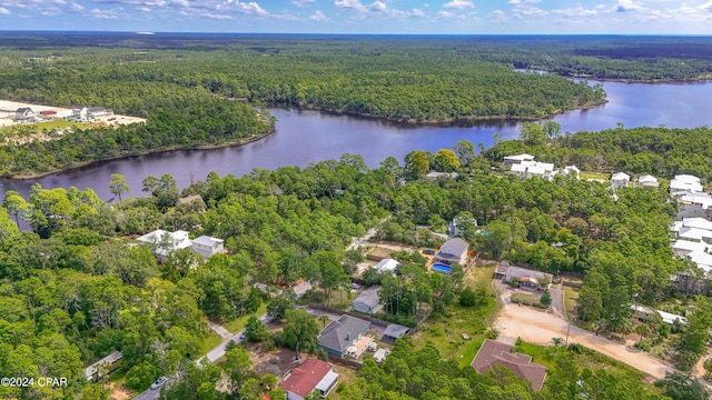 birds eye view of property featuring a water view and a view of trees