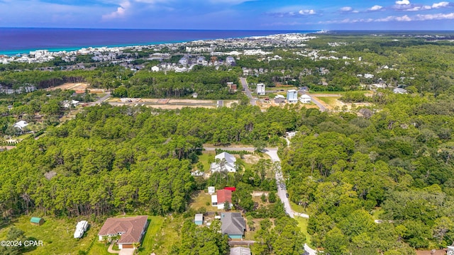 bird's eye view featuring a water view and a wooded view