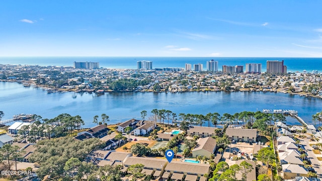 aerial view featuring a water view