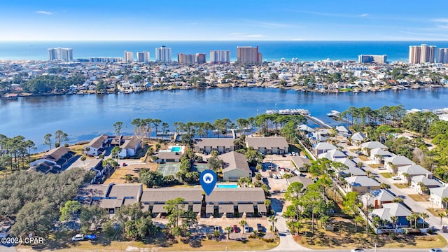 aerial view featuring a water view