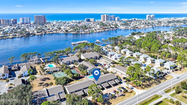 birds eye view of property featuring a water view