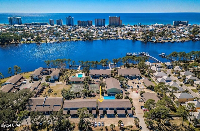 birds eye view of property featuring a water view