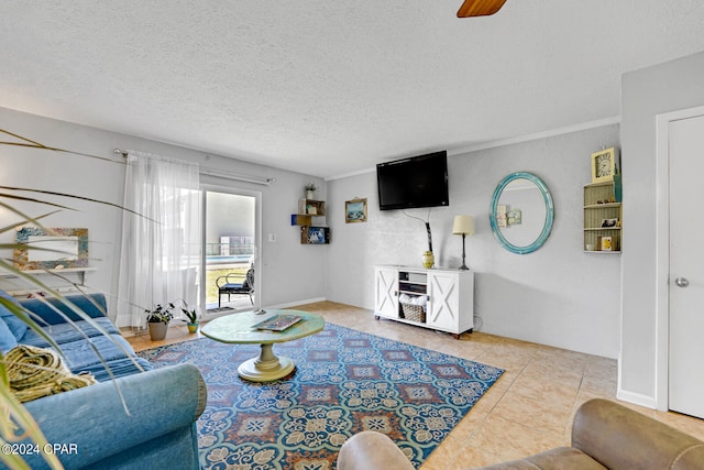 tiled living room with a textured ceiling