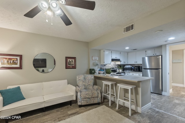 living room featuring a textured ceiling, ceiling fan, and wood-type flooring