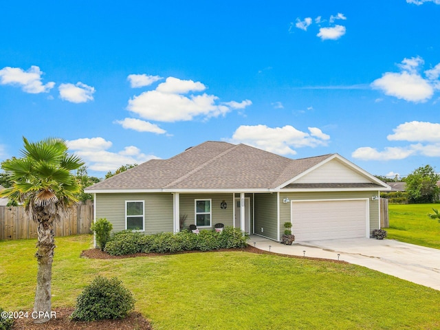 single story home featuring a garage and a front yard