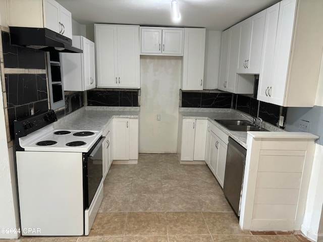 kitchen with white cabinets, stainless steel dishwasher, sink, and white range with electric stovetop