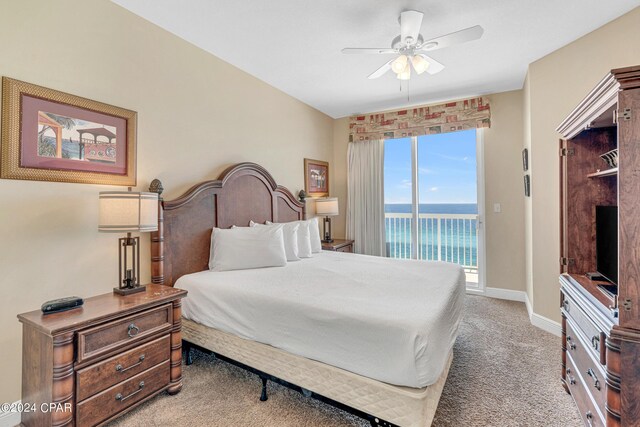 bedroom featuring carpet, ceiling fan, and access to exterior