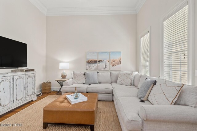 living room featuring light hardwood / wood-style flooring and ornamental molding