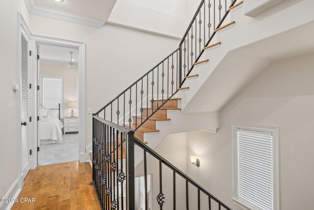 staircase with wood-type flooring and ornamental molding