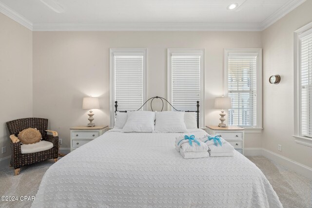 carpeted bedroom with crown molding