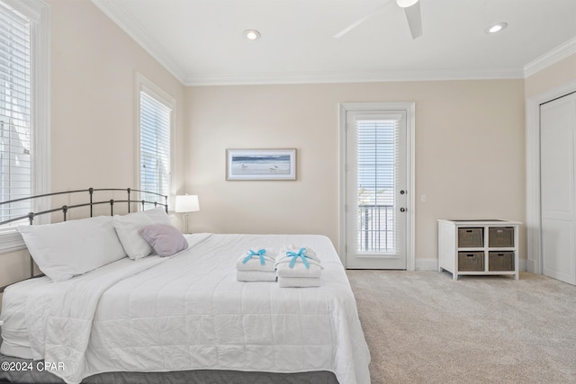 carpeted bedroom featuring ornamental molding, multiple windows, access to outside, and ceiling fan