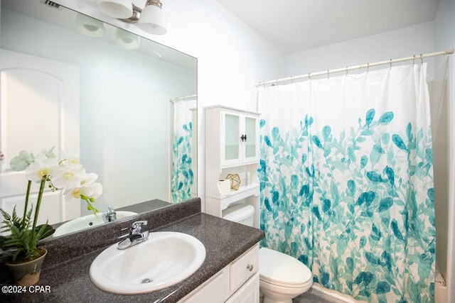 bathroom featuring vanity, toilet, and a shower with shower curtain