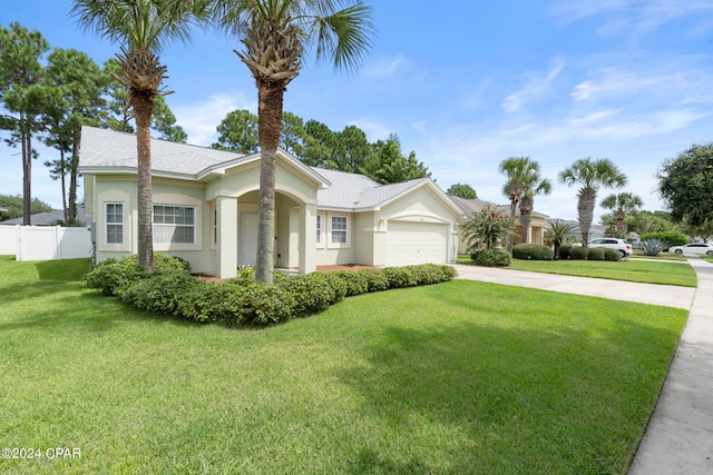 ranch-style home featuring a garage and a front lawn