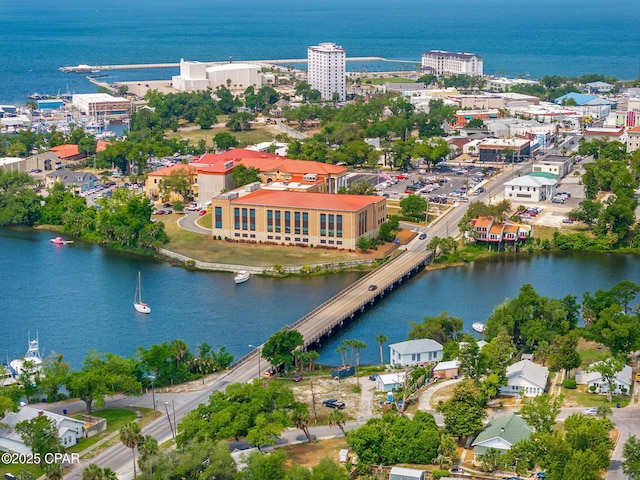 bird's eye view with a water view