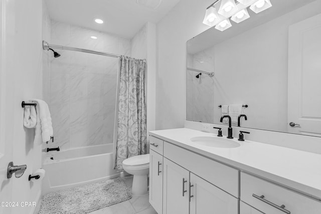 full bathroom with vanity, toilet, and shower / bathtub combination with curtain