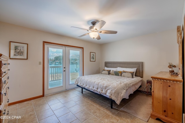 bedroom with access to exterior, baseboards, a ceiling fan, and french doors