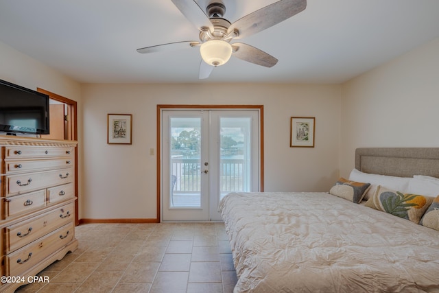 bedroom with ceiling fan, light tile patterned flooring, baseboards, access to exterior, and french doors