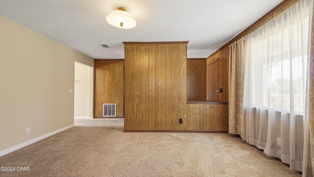 unfurnished room featuring wood walls and light carpet