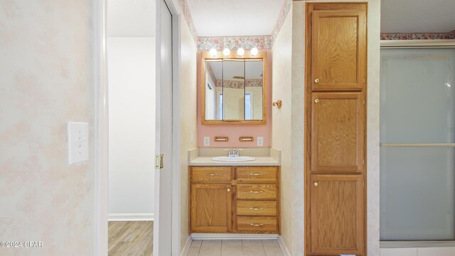 bathroom with hardwood / wood-style flooring and vanity