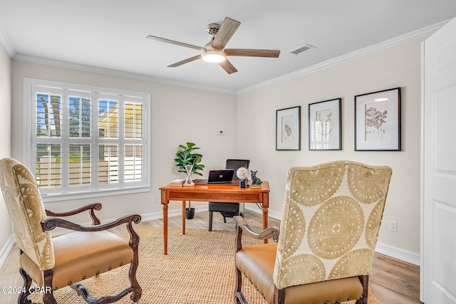 office space featuring ceiling fan, light hardwood / wood-style flooring, and ornamental molding