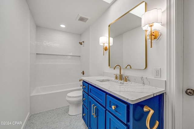 full bathroom featuring tub / shower combination, tile patterned floors, vanity, and toilet