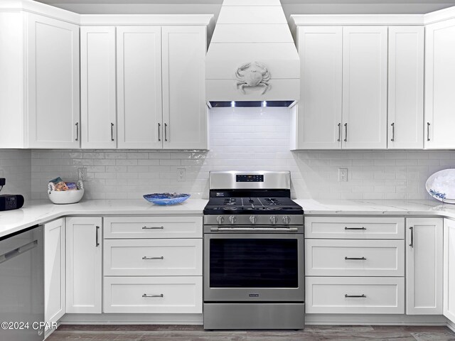 kitchen featuring backsplash, white cabinets, stainless steel appliances, and custom exhaust hood