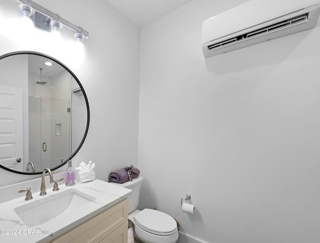 bathroom with walk in shower, vanity, toilet, and a wall unit AC