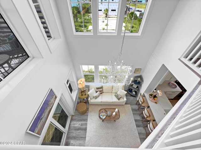 living room with an inviting chandelier, a healthy amount of sunlight, a high ceiling, and wood finished floors