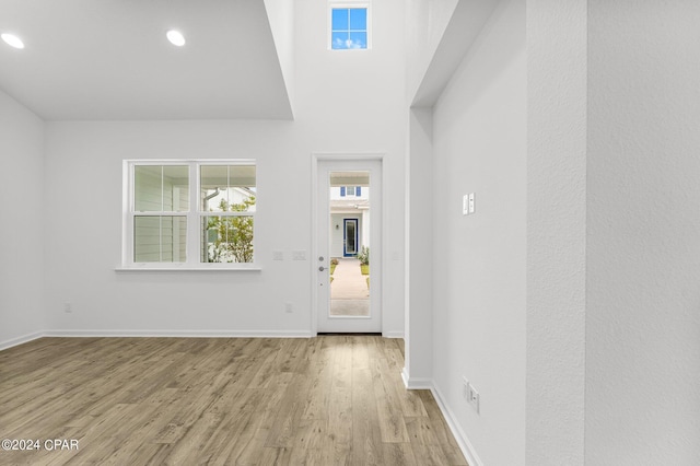 entrance foyer with a high ceiling and light wood-type flooring