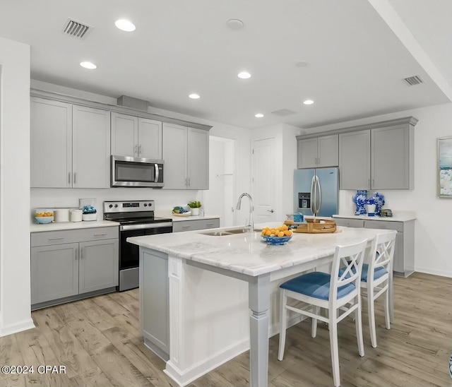 kitchen with sink, stainless steel appliances, an island with sink, and gray cabinetry