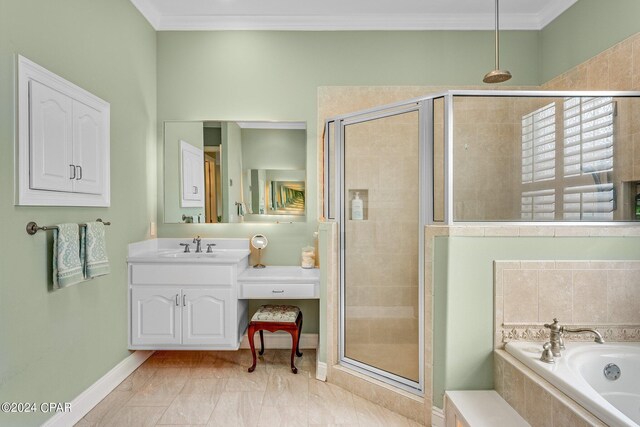 bathroom with plus walk in shower, crown molding, and vanity