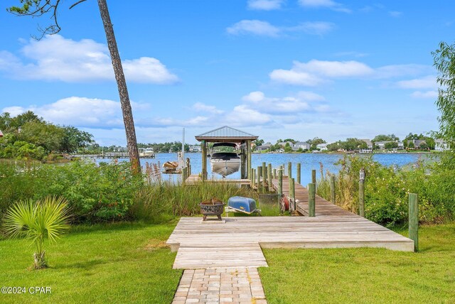 dock area featuring a water view and a yard