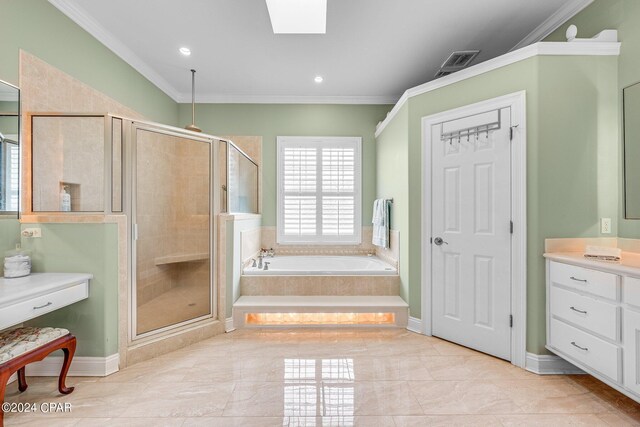 bathroom with ornamental molding, vanity, and independent shower and bath