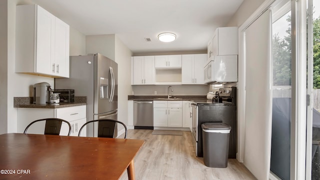 kitchen featuring sink, stainless steel appliances, white cabinets, and light hardwood / wood-style floors