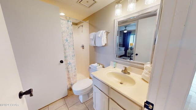 full bathroom with toilet, tile patterned flooring, vanity, a textured ceiling, and shower / bath combo with shower curtain