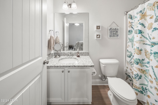 bathroom with wood-type flooring, a shower with shower curtain, vanity, and toilet