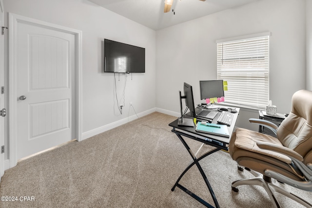 office area with ceiling fan and carpet