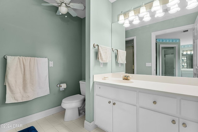 bathroom with tile patterned flooring, vanity, toilet, and ceiling fan