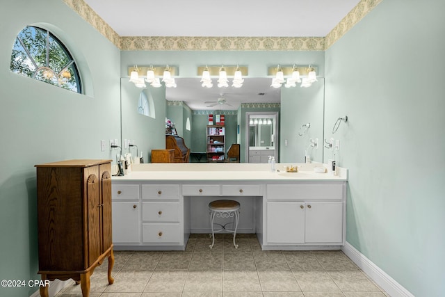 bathroom featuring tile patterned floors, ceiling fan, and vanity