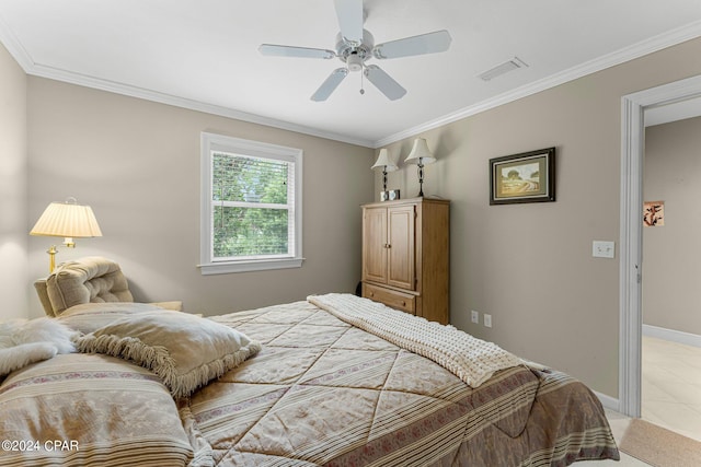 bedroom featuring ceiling fan and crown molding