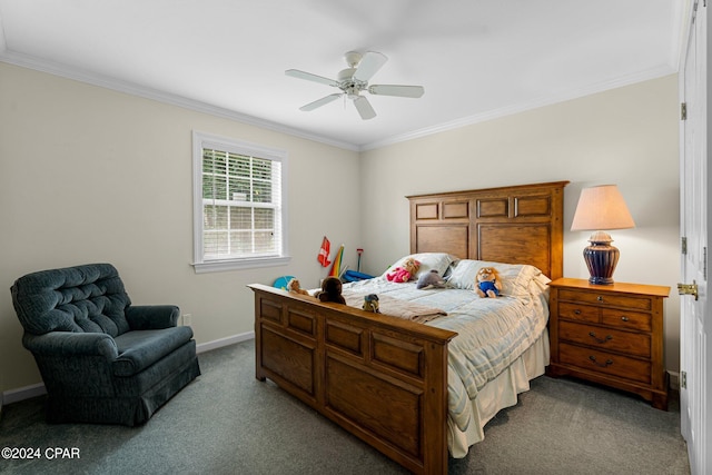 bedroom featuring ceiling fan, ornamental molding, and carpet