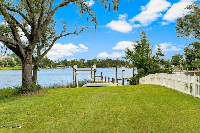 dock area featuring a water view and a yard