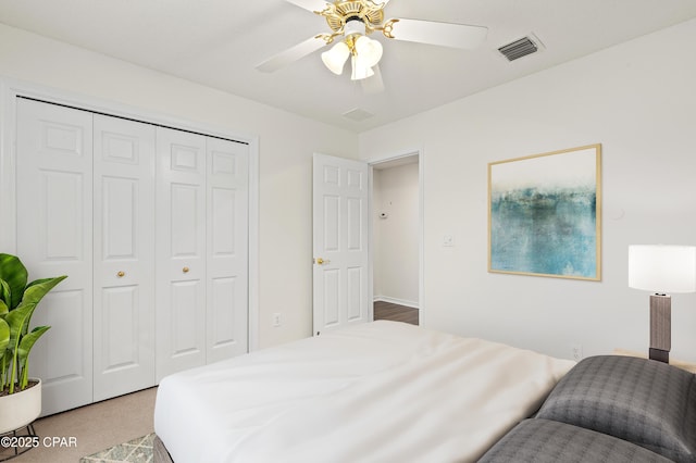 bedroom featuring a closet and ceiling fan