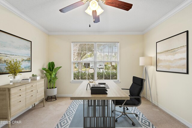 home office featuring crown molding, ceiling fan, and light colored carpet