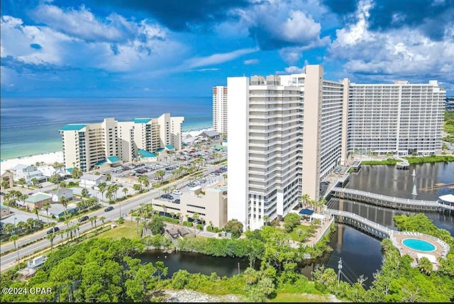 birds eye view of property featuring a water view