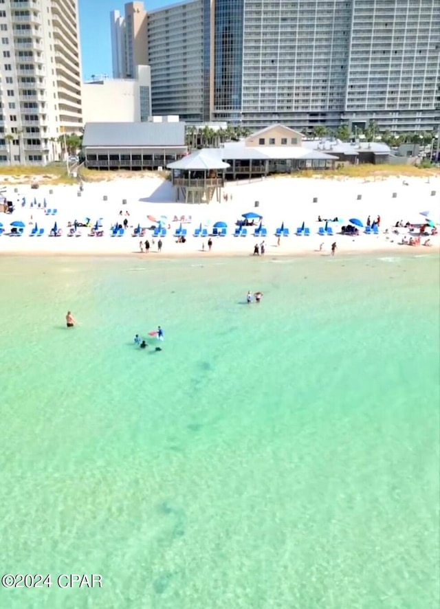 view of water feature with a beach view