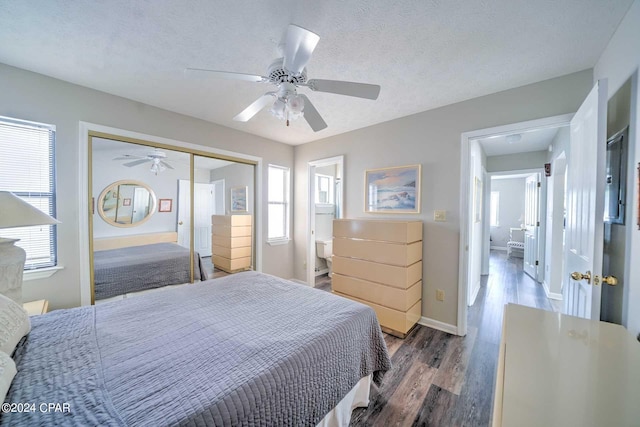 bedroom featuring a textured ceiling, wood-type flooring, ceiling fan, and a closet