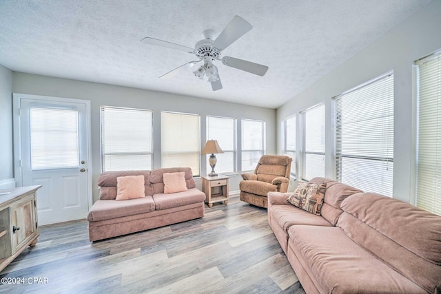 living room featuring light wood-type flooring, ceiling fan, and a textured ceiling